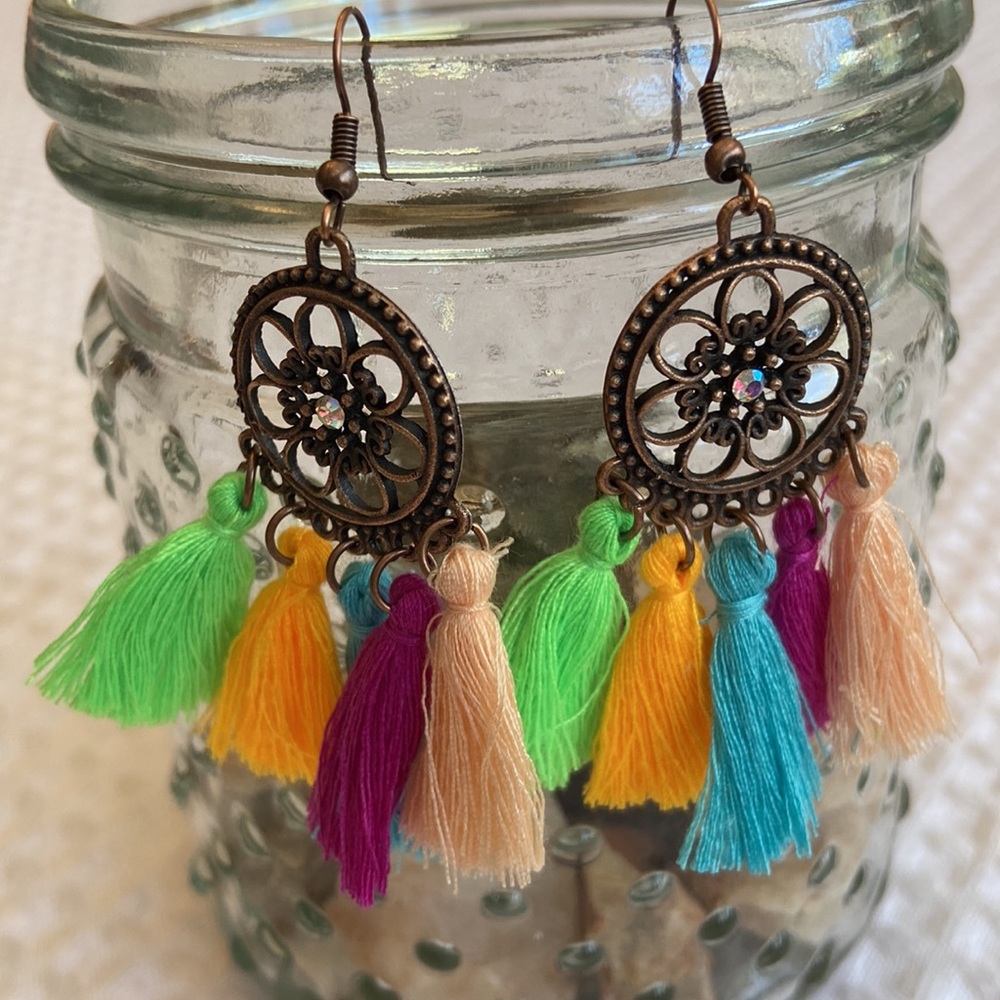 NEW! BOHO Bronze Fringe Rainbow Tassel Earrings